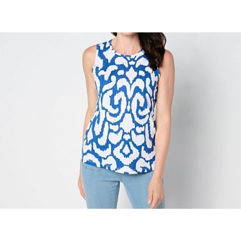 Denim & Co Size XL Bright Indigo Blue Printed Slub Jersey Tank Top A654663 NWOT